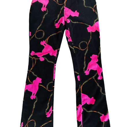 DOLCE & GABBANA VINTAGE VELVET BLACK AND PINK POODLE BOOTCUT PANTS
