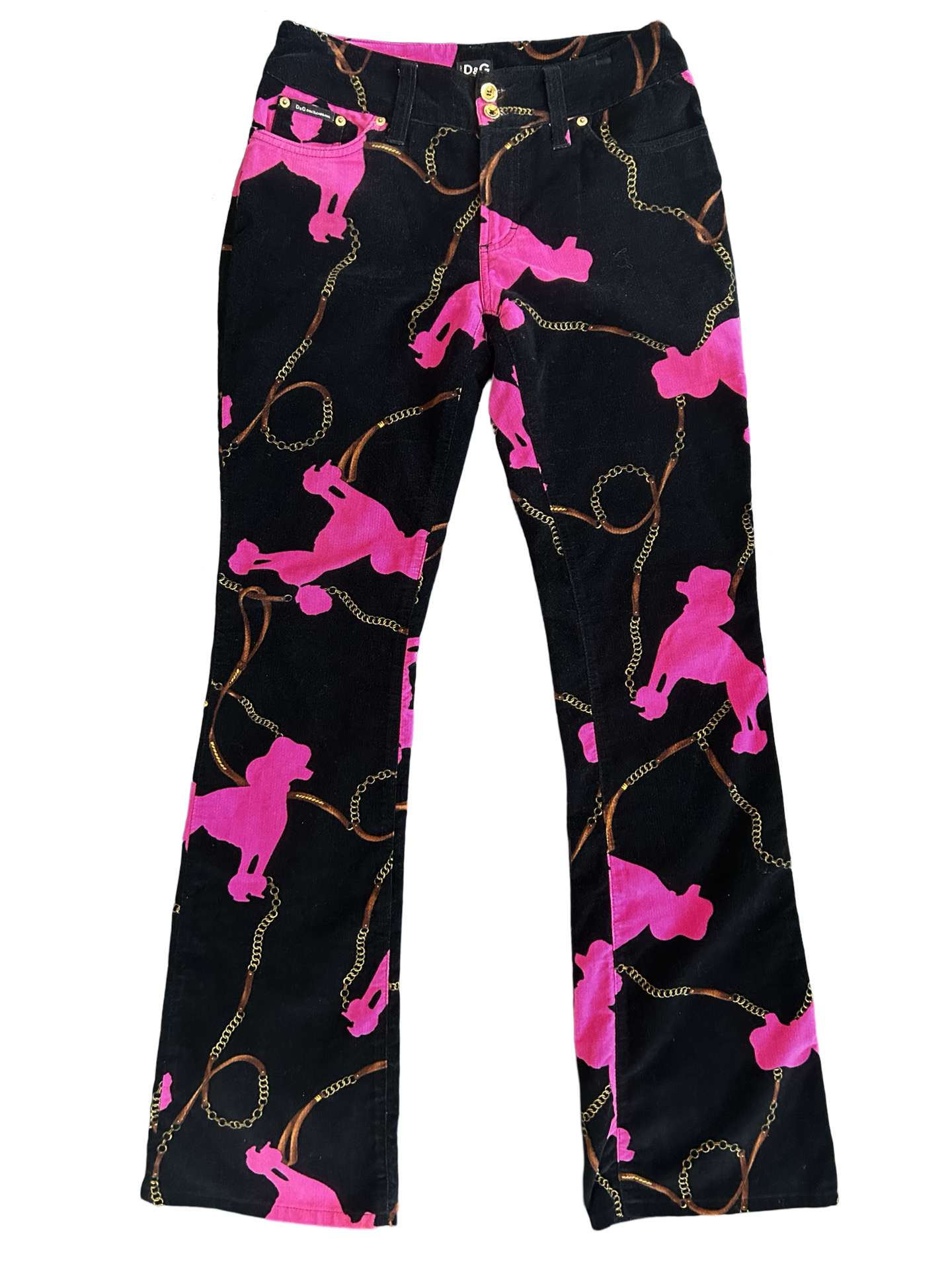 DOLCE & GABBANA VINTAGE VELVET BLACK AND PINK POODLE BOOTCUT PANTS