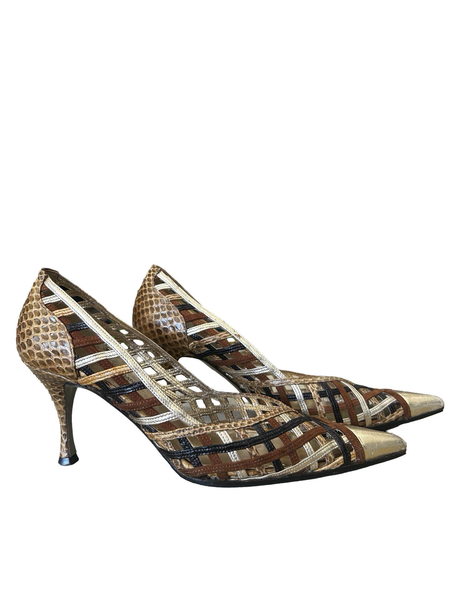 DOLCE & GABANA BROWN LATTICE KITTEN HEELS