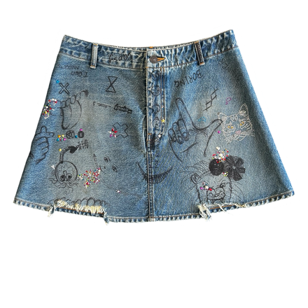 BALENCIAGA DISTRESSED SCRIBBLE DENIM SKIRT