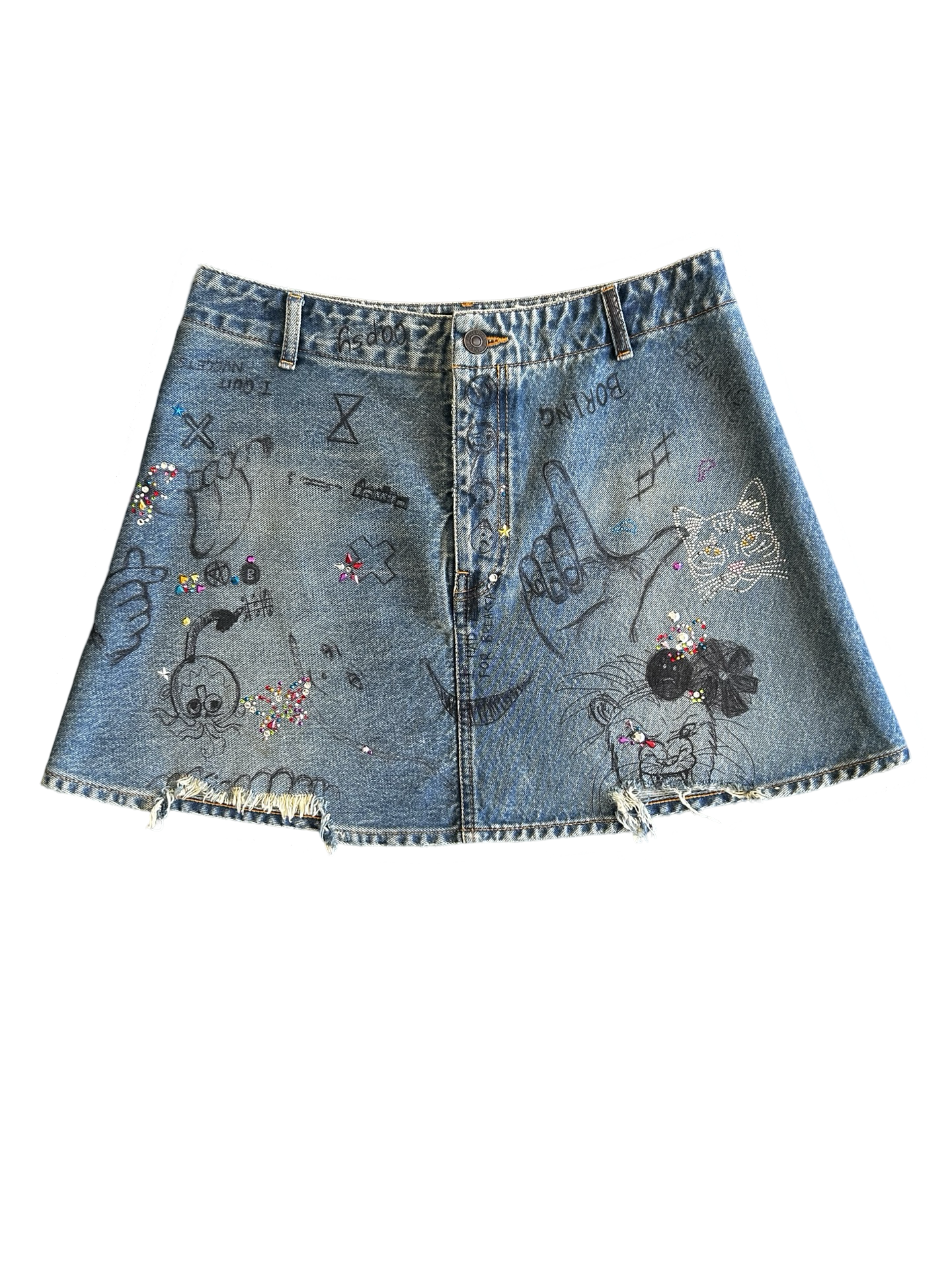 BALENCIAGA DISTRESSED SCRIBBLE DENIM SKIRT