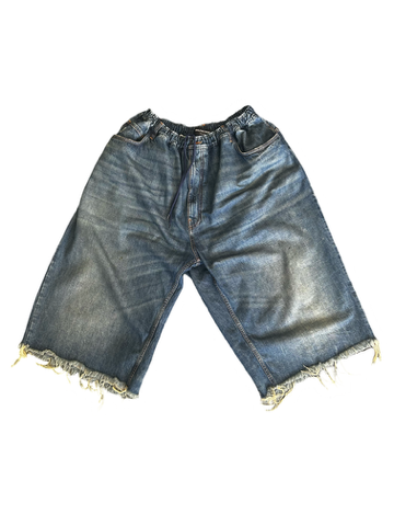 BALENCIAGA DISTRESSED DENIM DRAWSTRING SHORTS