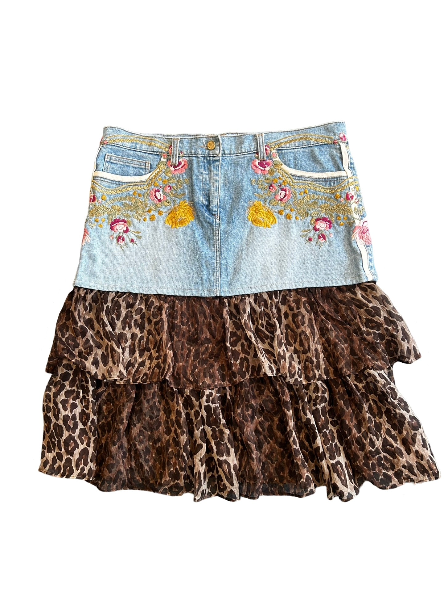 ROBERTO CAVALLI EMBROIDERED DENIM AND LEOPARD PRINT RUFFLED SKIRT