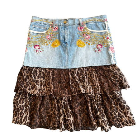 ROBERTO CAVALLI EMBROIDERED DENIM AND LEOPARD PRINT RUFFLED SKIRT