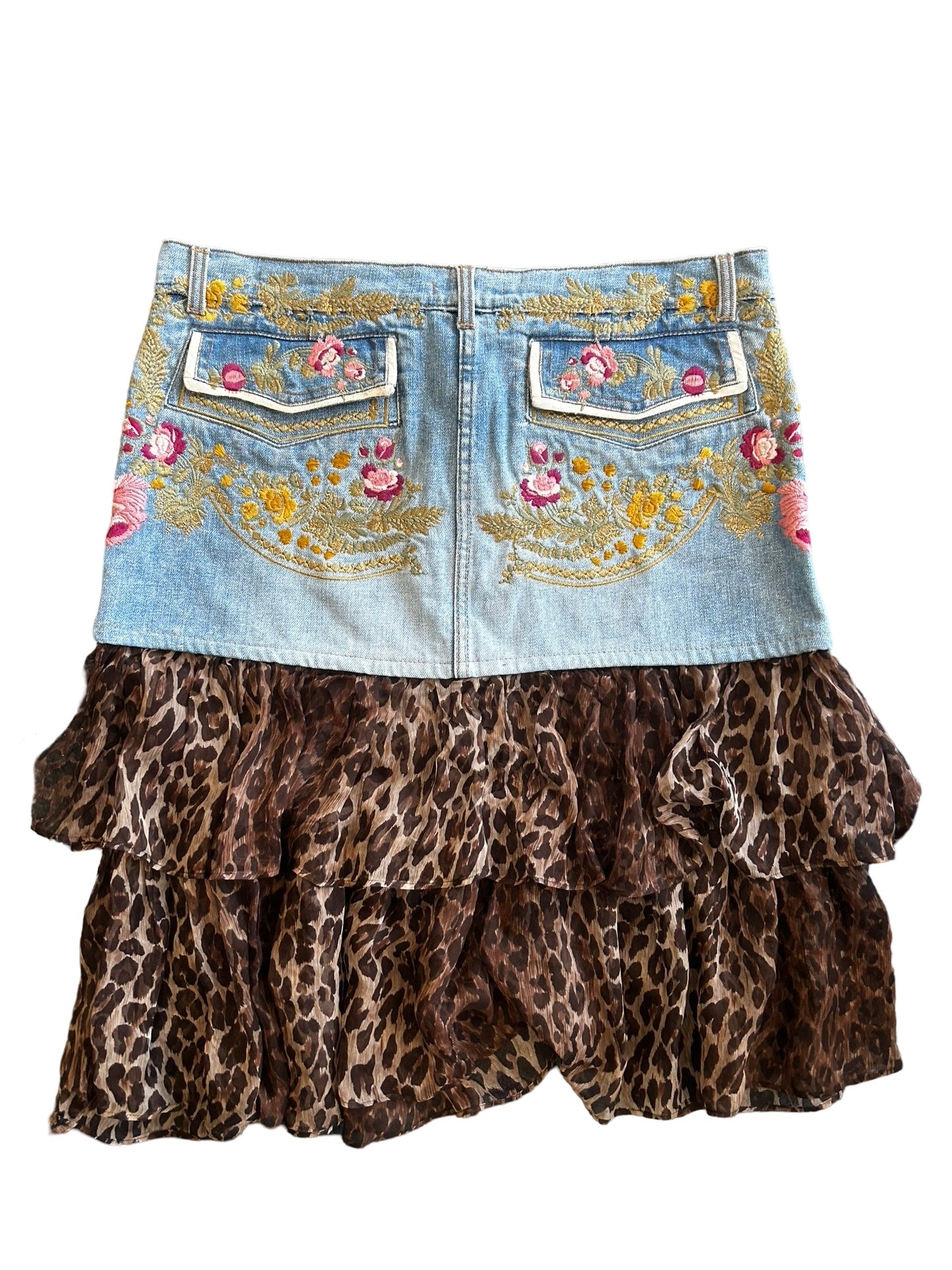 ROBERTO CAVALLI EMBROIDERED DENIM AND LEOPARD PRINT RUFFLED SKIRT