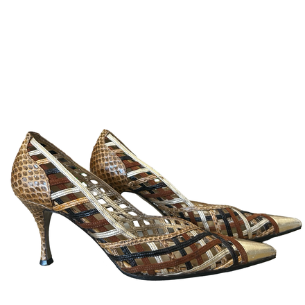 DOLCE & GABANA BROWN LATTICE KITTEN HEELS